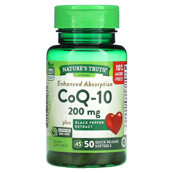 CoQ-10, Улучшенная абсорбция, 200 мг, 50 мягких таблеток с быстрым высвобождением Nature's Truth