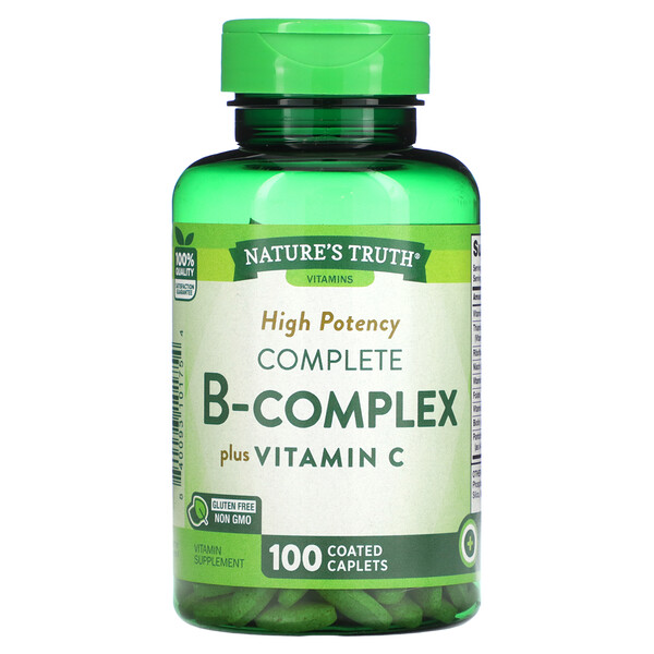 Высокоэффективный, Полный комплекс B плюс витамин С, 100 капсул в оболочке Nature's Truth