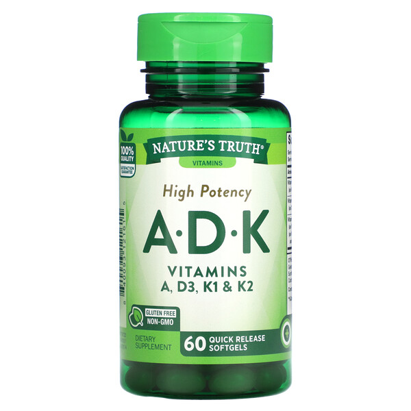 High Potency A, D, K, 60 Quick Release Softgels (Мягкие капсулы быстрого высвобождения) Nature's Truth