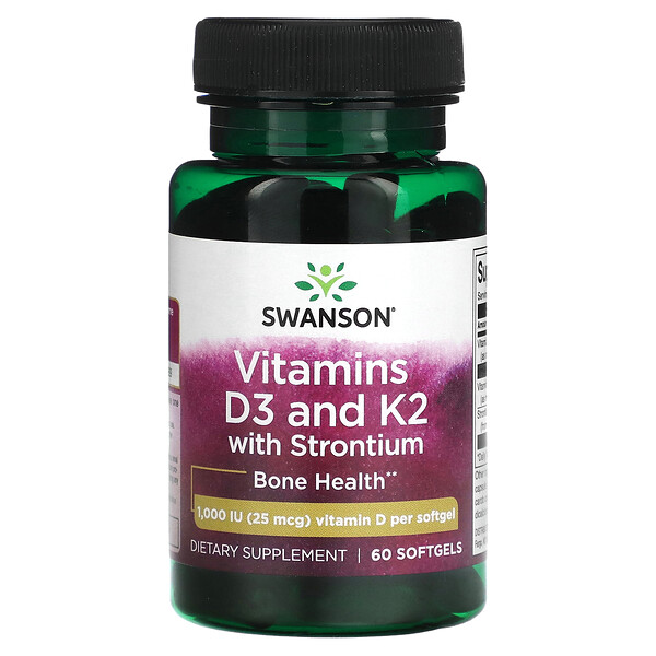 Витамин D3 и K2 сo Стронцием - 1000МЕ (25 мкг) - 60 мягких капсул - Swanson Swanson