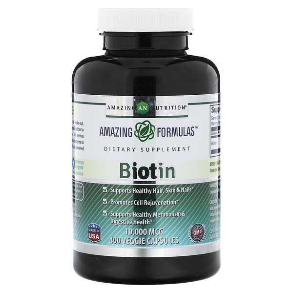 Биотин, 10 000 мкг, 400 растительных капсул Amazing Nutrition