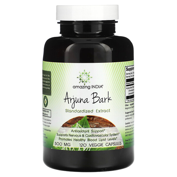 Arjuna Bark, стандартизированный экстракт, 500 мг, 120 растительных капсул Amazing India