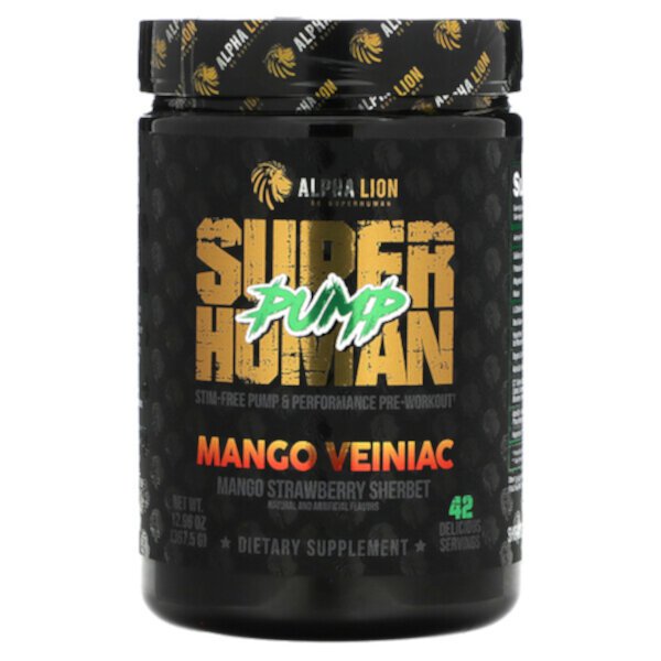 SuperHuman Pump, Mango Veiniac, манго-клубничный шербет, 12,96 унции (367,5 г) ALPHA LION