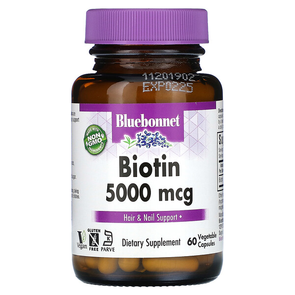 Биотин, 5000 мкг, 60 растительных капсул Bluebonnet Nutrition