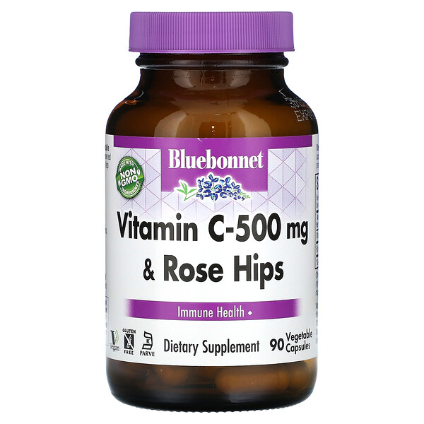 Витамин С – 500 мг и плоды шиповника, 90 растительных капсул Bluebonnet Nutrition