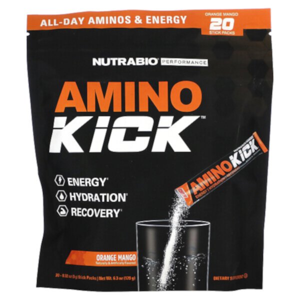 Amino Kick, Апельсин и манго, 20 упаковок в стиках, по 0,32 унции (9 г) каждый NutraBio