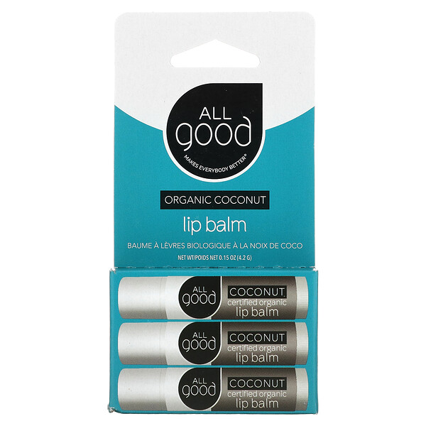 Органический бальзам для губ, кокос, 3 упаковки по 0,15 унции (4,2 г) каждая All Good Products