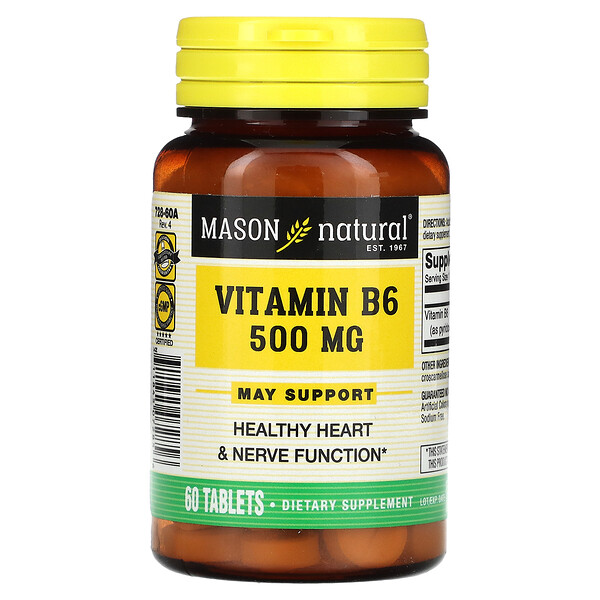 Витамин B6, 500 мг, 60 таблеток Mason Natural