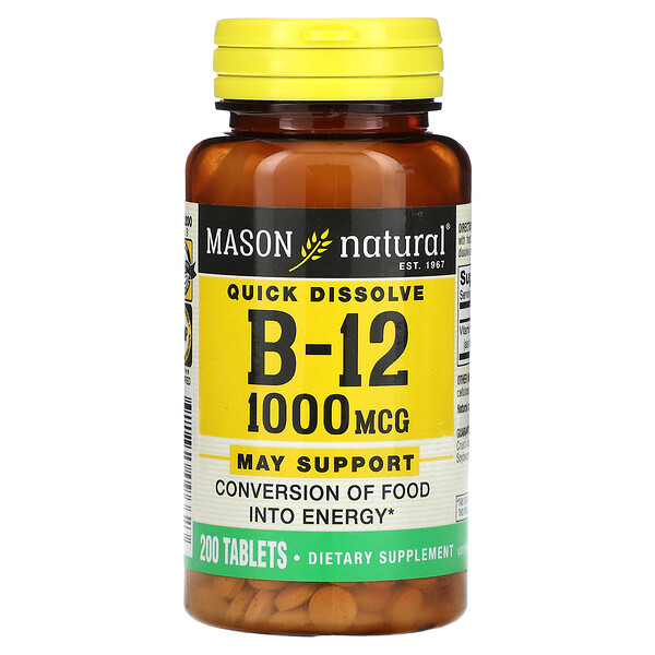 Витамин В12, Быстрорастворимый - 1000 мкг - 200 таблеток - Mason Natural Mason Natural