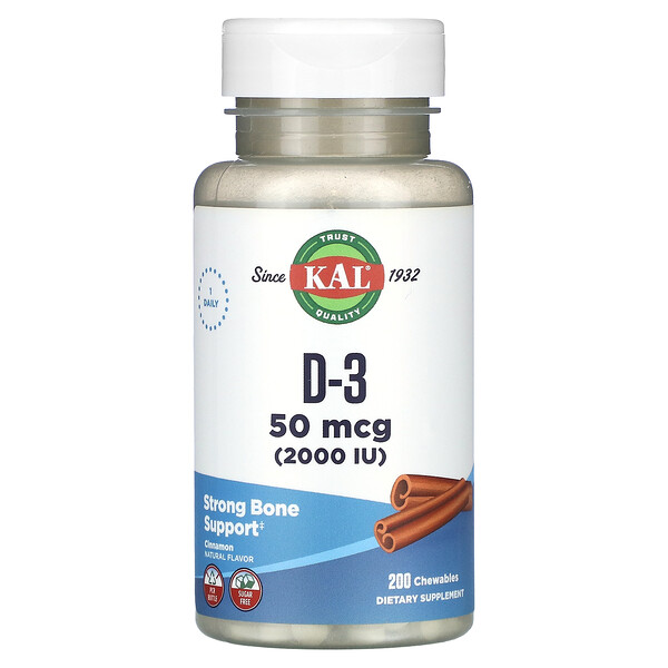 D-3, Корица, 50 мкг (2000 МЕ), 200 жевательных таблеток KAL
