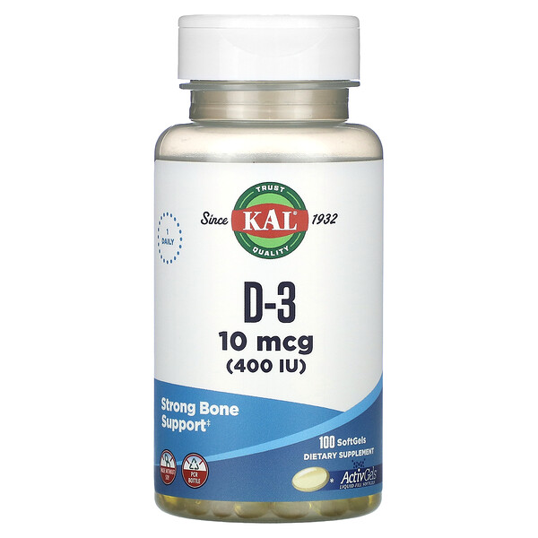D-3, 10 мкг (400 МЕ), 100 мягких таблеток KAL