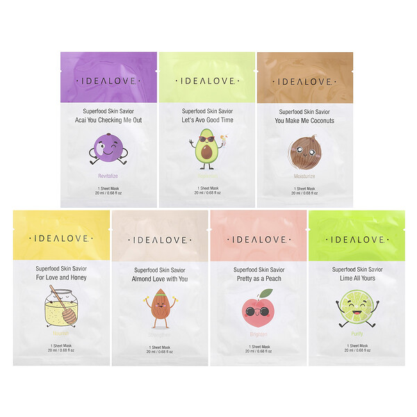 Тканевые маски Superfood Skin Savior, разнообразие, 7 косметических тканевых масок, 20 мл (0,68 жидк. унции) каждая Idealove