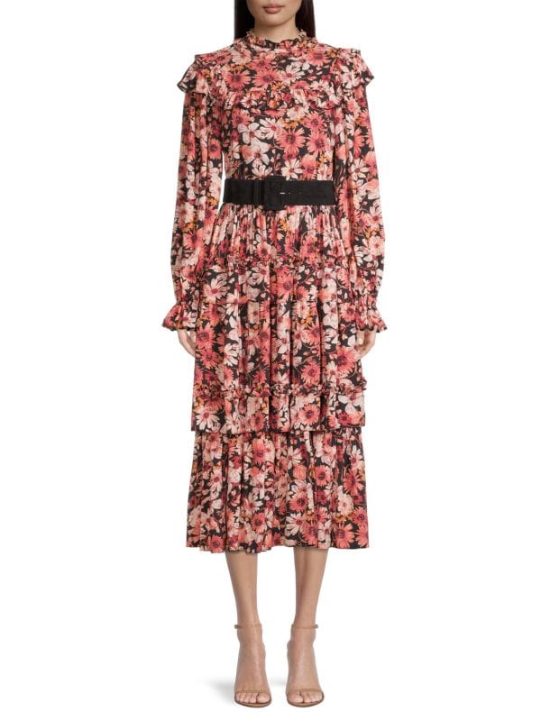 Многоярусное платье миди с поясом и цветочным принтом RACHEL PARCELL