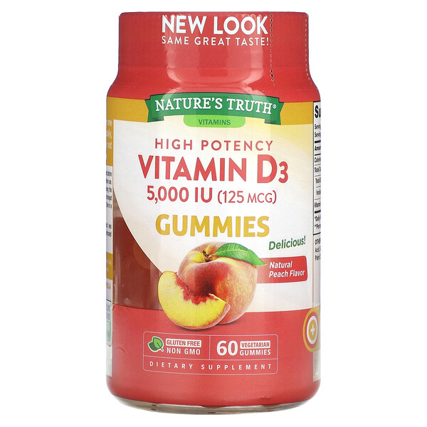 Vitamin D3, High Potency, Natural Peach, 5,000 IU (125 mcg), 60 Vegetarian Gummies (Жевательные конфеты) Nature's Truth