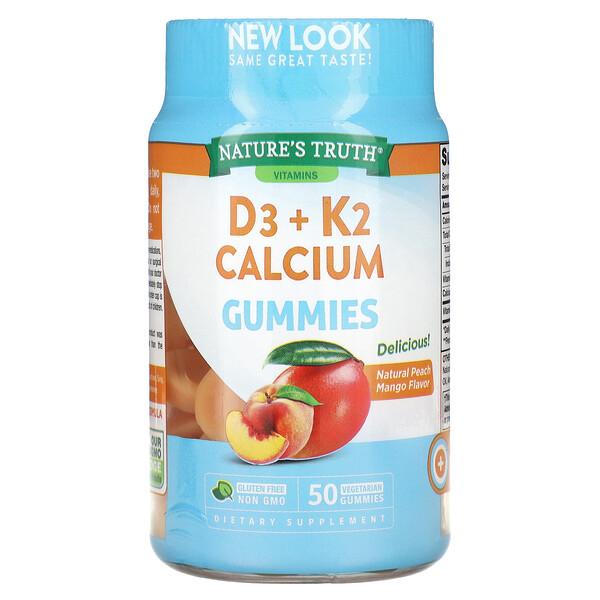 Витамины, кальций D3+K2, натуральный персик и манго, 50 вегетарианских жевательных конфет Nature's Truth