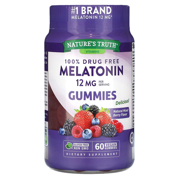 Мелатонин, Натуральная ягодная смесь, 12 мг, 60 веганских жевательных конфет Nature's Truth