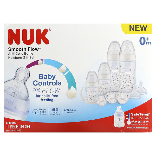 Smooth Flow, Подарочный набор бутылочек для новорожденных от колик, от 0 месяцев, 11 предметов NUK