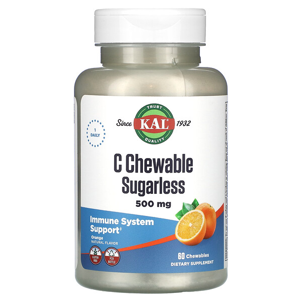 Жевательные таблетки C без сахара, апельсин, 500 мг, 60 жевательных таблеток KAL