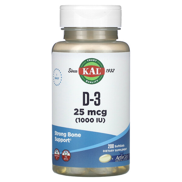 D-3, 25 мкг (1000 МЕ), 200 мягких таблеток KAL