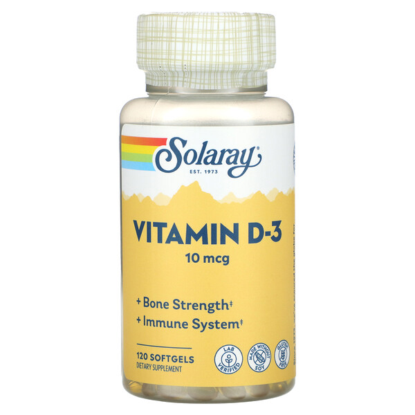 Витамин D-3, 10 мкг, 120 мягких таблеток Solaray