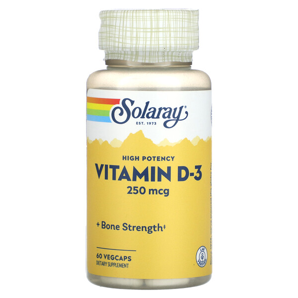 Высокоэффективный витамин D-3, 250 мкг, 60 растительных капсул Solaray