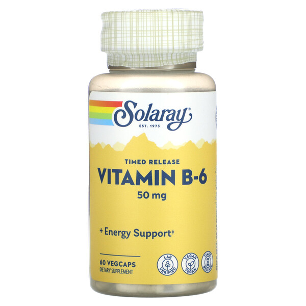 Витамин B-6 с замедленным высвобождением, 50 мг, 60 растительных капсул Solaray