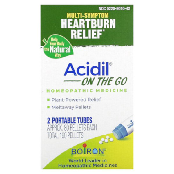 Acidil On The Go, средство от мультисимптомной изжоги, 2 портативных тюбика, по 80 гранул в каждом Boiron