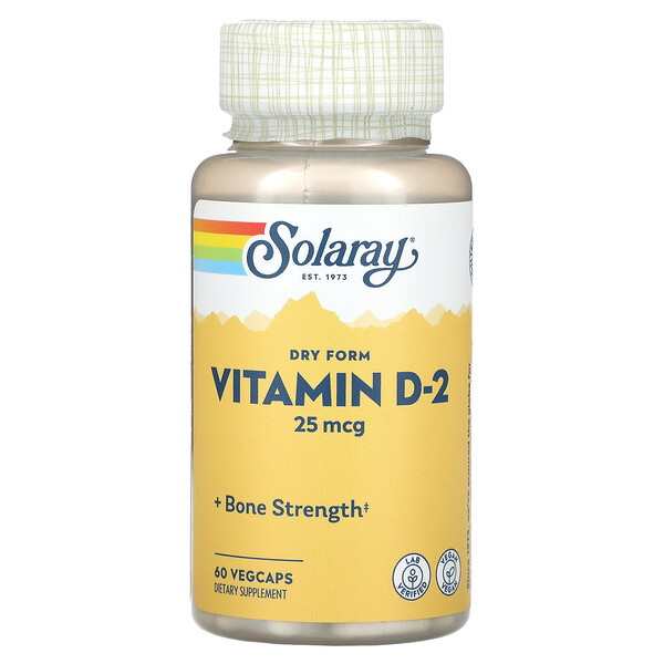 Сухая форма витамина D-2, 25 мкг, 60 растительных капсул Solaray