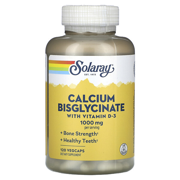 Бисглицинат кальция, с витамином D-3, 1000 мг, 120 растительных капсул (250 мг на капсулу) Solaray