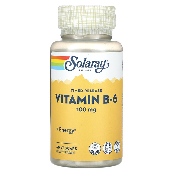 Витамин B-6, замедленного высвобождения, 100 мг, 60 растительных капсул Solaray