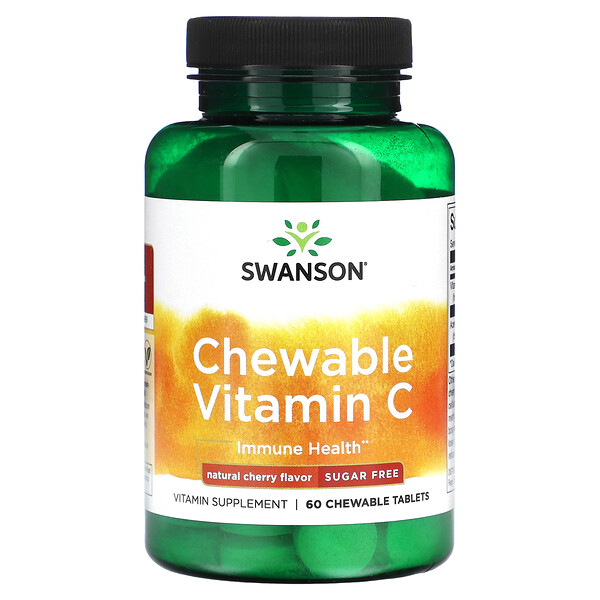 Жевательный витамин С, без сахара, натуральная вишня, 60 жевательных таблеток Swanson