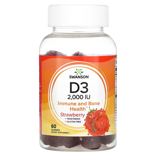 D3, Strawberry, 2,000 IU, 60 Gummies (Жевательные конфеты) Swanson