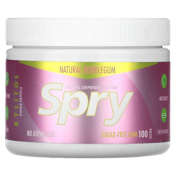 Spry, Chewing Gum, Natural Bubblegum, Sugar Free, 100 Pieces Xlear