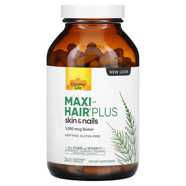 Maxi-Hair Plus, 5000 мкг, 240 вегетарианских капсул (1250 мкг на капсулу) Country Life
