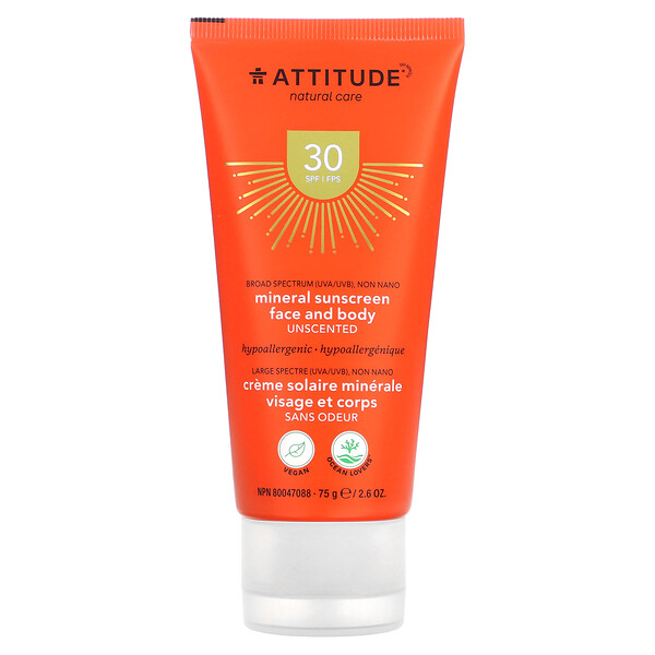 Минеральный солнцезащитный крем для лица и тела, SPF 30, без запаха, 2,6 унции (75 г) ATTITUDE