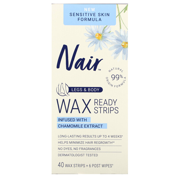 Wax Ready Strips, Legs & Body, Sensitive Skin, 40 Wax Strips + 6 Post Wipes Nair