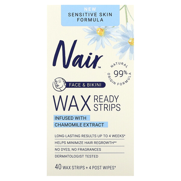 Wax Ready-Strips, For Face & Bikini, 40 Wax Strips + 4 Post Wipes Nair