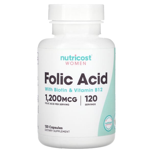 Для женщин, Фолиевая кислота с биотином и витамином B12, 120 капсул Nutricost