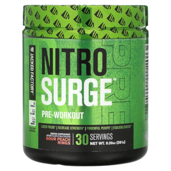 Nitro Surge, Предтренировочный комплекс, кольца кислого персика, 9,2 унции (261 г) Jacked Factory