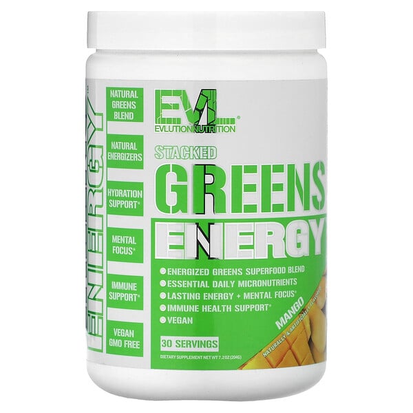 Stacked Greens Energy, Манго, 7,2 унции (204 г) EVLution Nutrition
