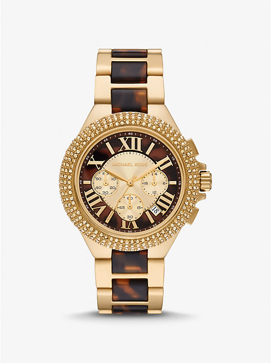Крупногабаритные часы Camille Pavé из ацетата золотистого цвета и черепаховой расцветки Michael Kors
