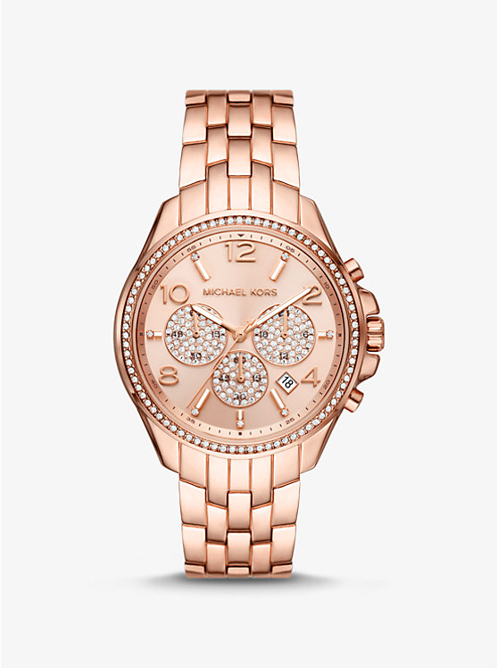 Крупногабаритные часы Pilot с паве цвета розового золота Michael Kors