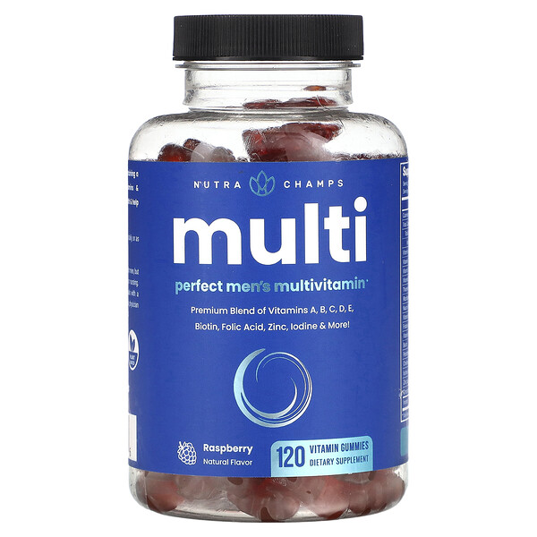 Multi, Мультивитамины Perfect для мужчин, малина, 120 жевательных таблеток с витаминами NutraChamps