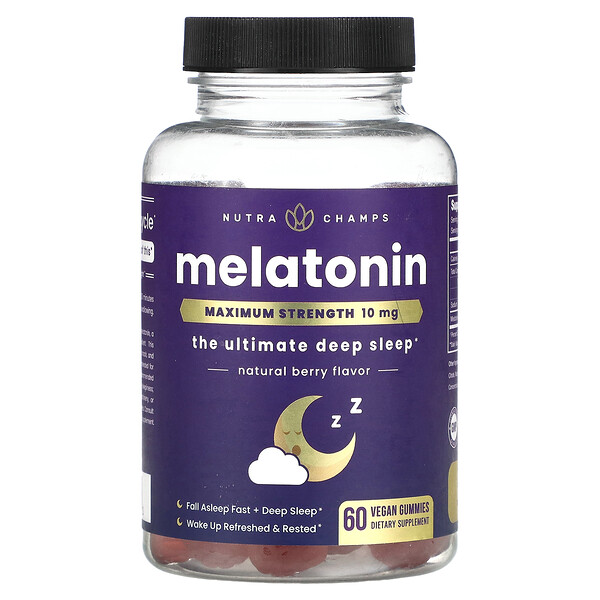 Мелатонин, Максимальная сила, натуральные ягоды, 5 мг, 60 веганских жевательных конфет NutraChamps