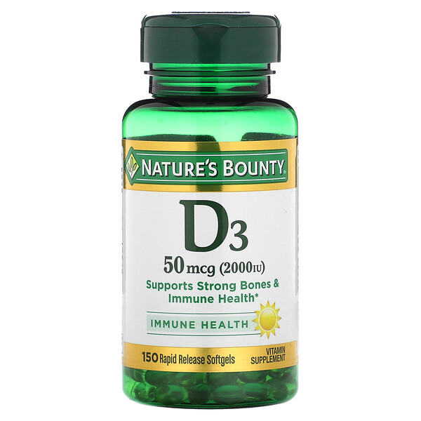 D3 , 50 mcg (2,000 IU), 150 Rapid Release Softgels (Мягкие капсулы) Nature's Bounty