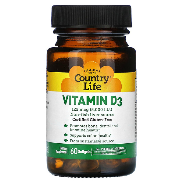 Витамин D3 - 125 мкг (5000 МЕ) - 60 мягких капсул - Country Life Country Life