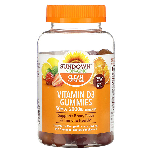 Витамин D3, жевательные конфеты, клубника, апельсин и лимон, 2000 МЕ, 150 жевательных таблеток (25 мкг (1000 МЕ) на жевательную конфету) Sundown Naturals