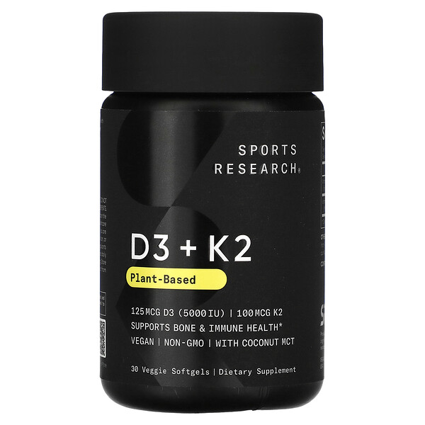 Растительная основа D3 + K2, 30 растительных мягких таблеток Sports Research