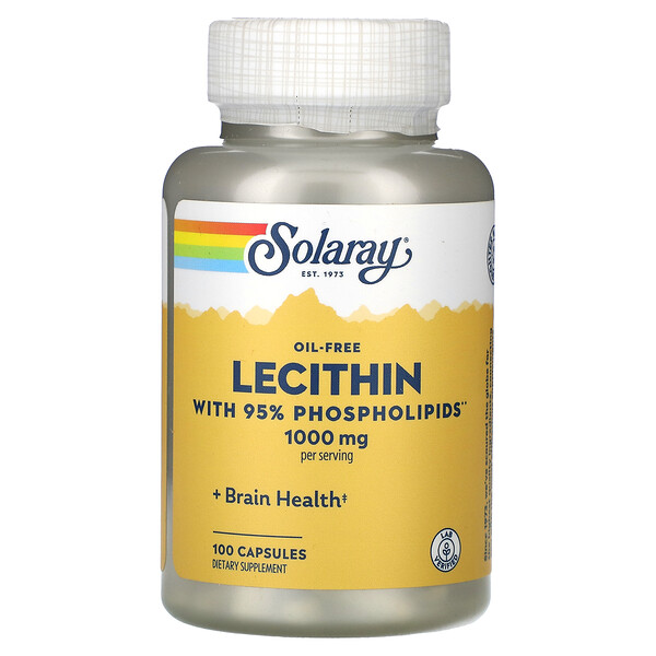 Лецитин без масла, 95% Фосфолипидов - 1000 мг - 100 капсул - Solaray Solaray