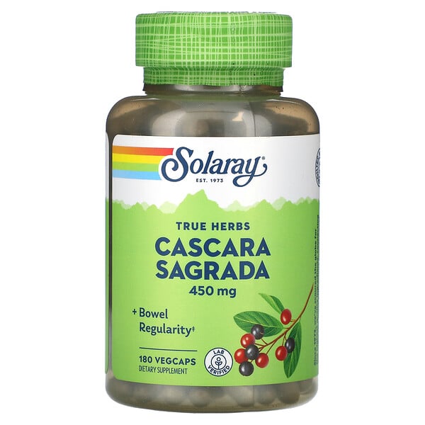 Cascara Sagrada, True Herbs, 450 мг, 180 растительных капсул Solaray